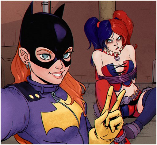 batgirl takes a selfie with harley quinn, who appears defeated and tied up
