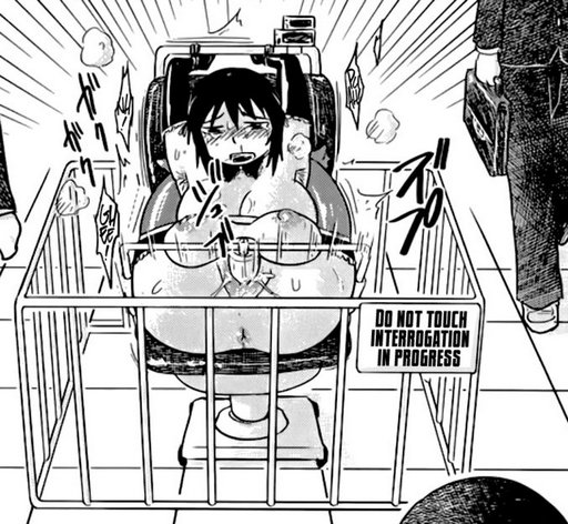 manga panel of girl exposed in a forced orgasms machine in the lobby of a busy public building