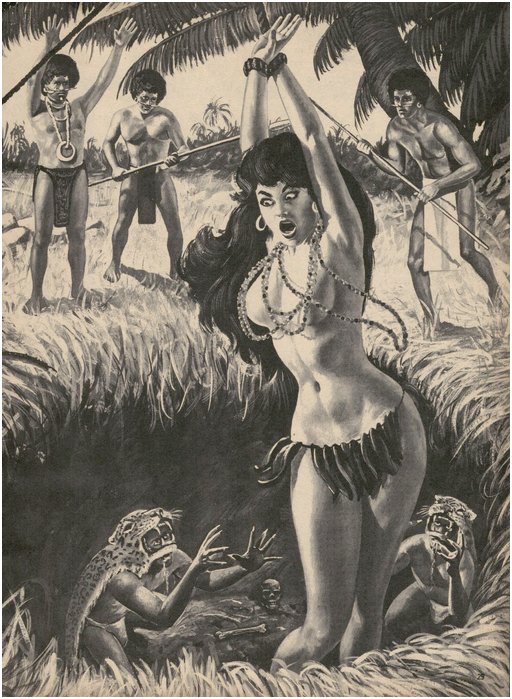 unfortunate heroine being dangled over a pit full of cultists