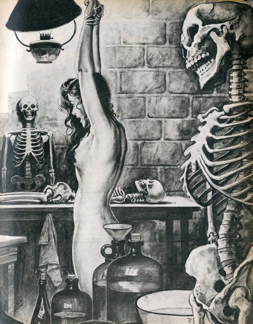 skeleton factory horror pulp bondage illustration