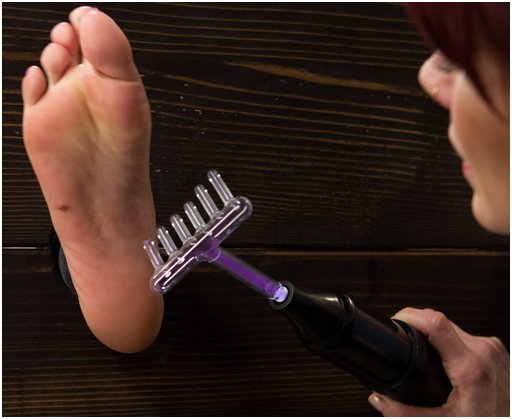 electrosex violet wand electrotorture for the pretty tickle model in the foot stocks
