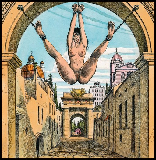 naked woman chained to a triumphal arch on a public street with her naked pussy hanging down for everyone to play with