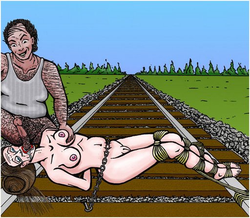 damsel tied naked to the railroad tracks sucks villain balls in an attempt to bribe her way to freedom