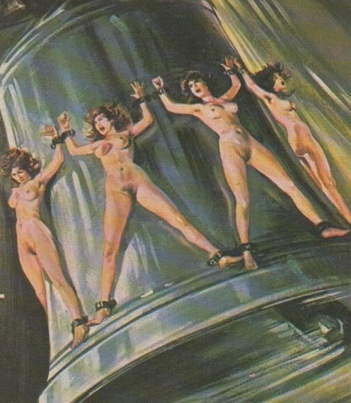nude women chained to the outside of a huge wildly-swinging bell