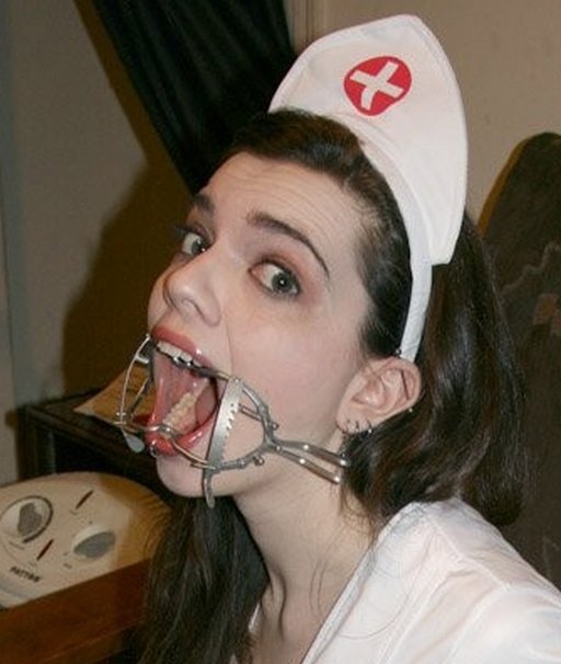 nurse cosplay gag gagged with dental retractor