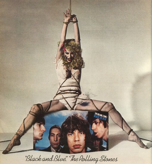 tied up woman in Rolling Stones ad for Black and Blue album