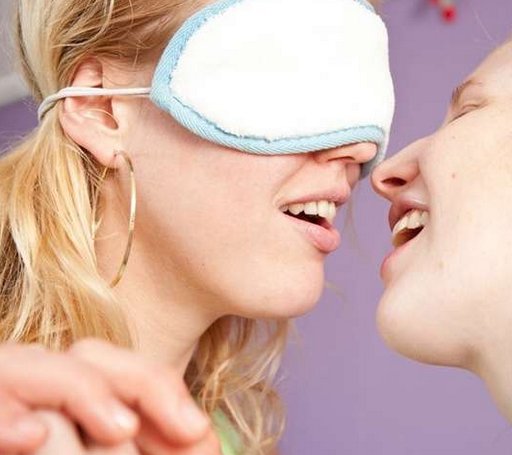 kissing chloe b and wearing a blindfold