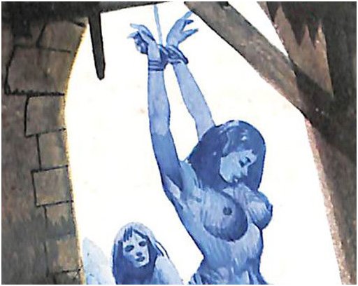 blue cold woman tied in a castle window arch in horror pulp cover art detail