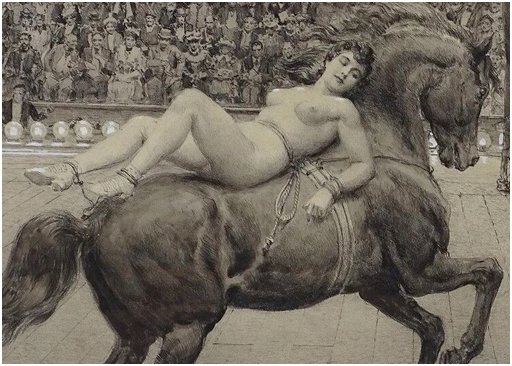 naked woman tied to a horse for a burlesque show