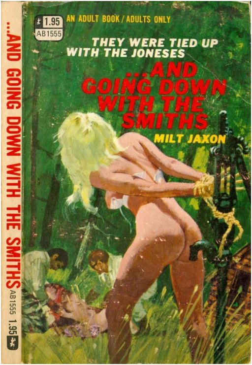 old fashioned pulpy sex book cover shows a blonde tied to a well pump handle while two men grapple with another nude woman who is on the ground in the grass