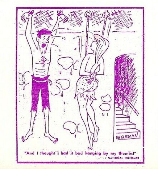 dungeon suspension cartoon featuring a woman hung by her tits