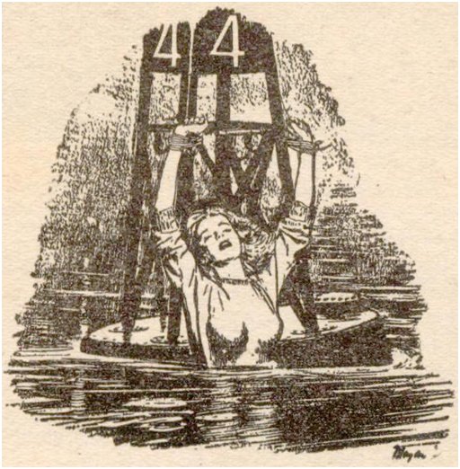 woman in a wet sweater dangling from the ironwork of a navigation buoy