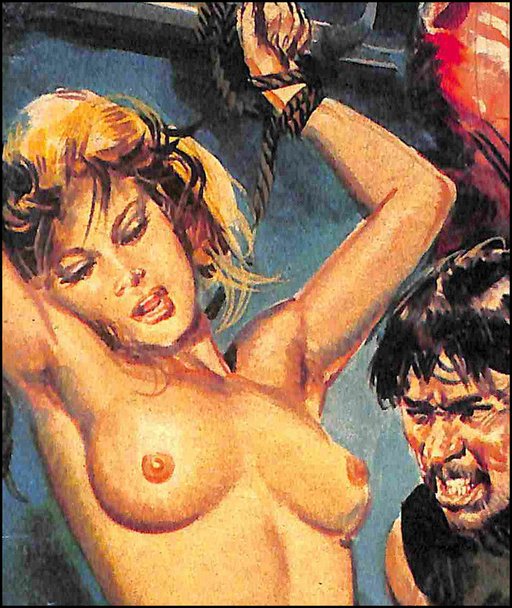 pulp cover tied woman and brutish male captor menacing her with a nipple biting