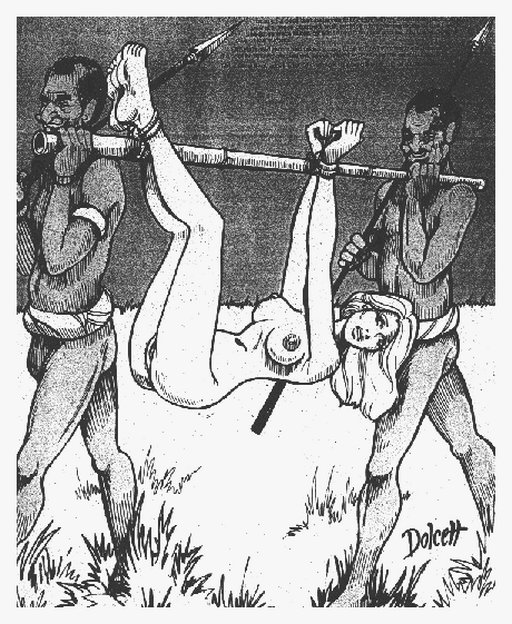 carried naked on a pole by black african men with spears and loincloths