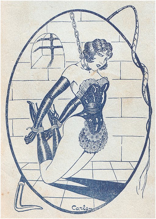 woman held by a chain and collar in a sort of kneeling hogtie in a barred dungeon or stone tower room