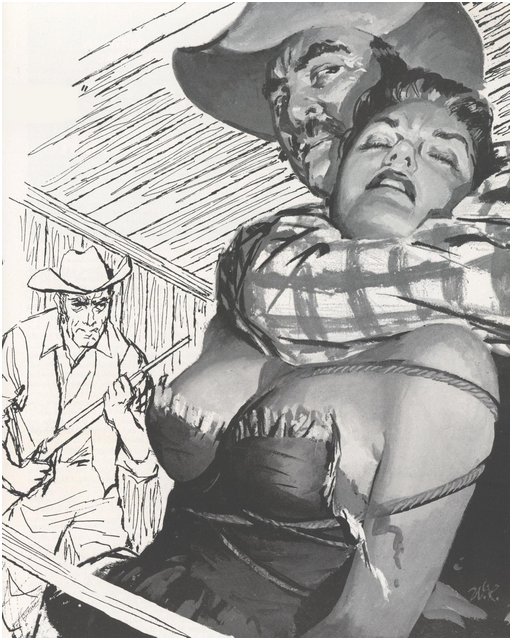pulp illustration of a woman in rope bondage with a cowboy putting her in a choke hold