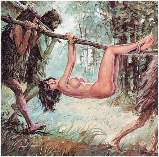nude brunette carried away by four shaggy cave men