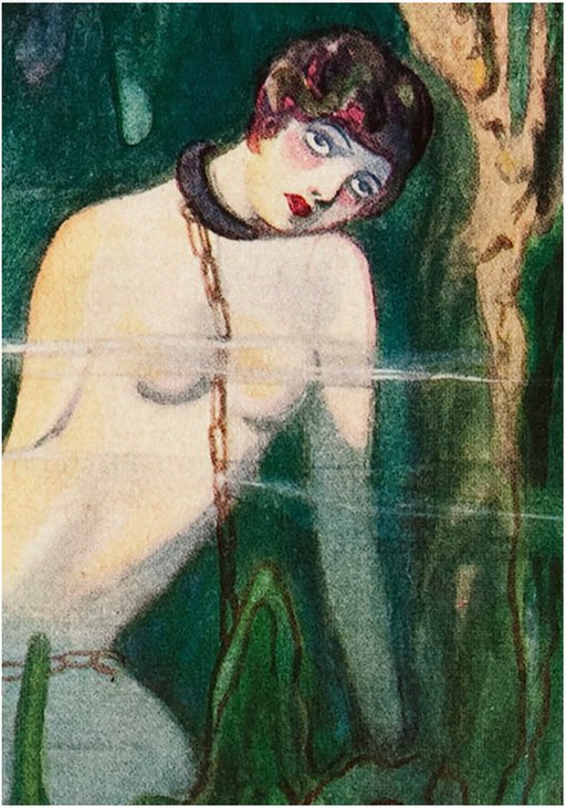 languid woman collared and chained in a cave