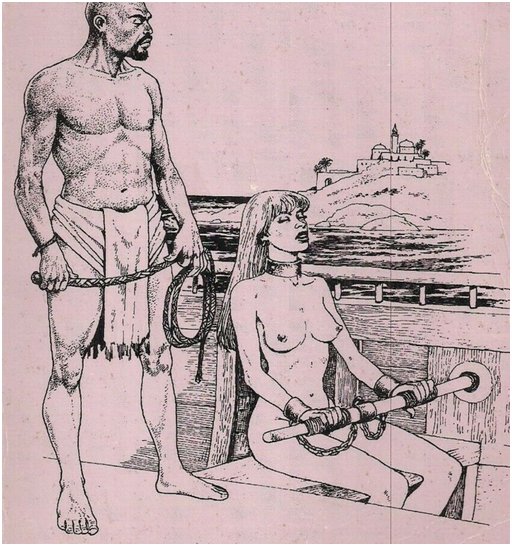 naked woman chained to an oar and under the whip