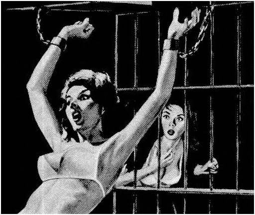 woman with her hands shackled to the ceiling of her dungeon jail cell waits while her rescuer stares hopelessly through the bars at her