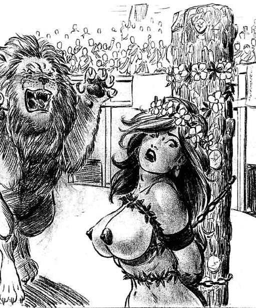 bondacious cartoon girl chained to a stake and being menaced by a hungry lion