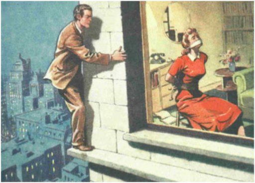 gagged damsel about to be rescued or ravished by a ballsy fellow creeping along her window ledge