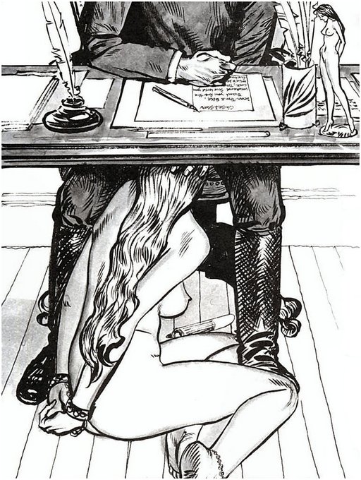 manacled slavegirl giving her master under-desk blowjobs 