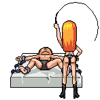 red-headed dominatrix cracks a whip as her terrified male submissive shakes his head