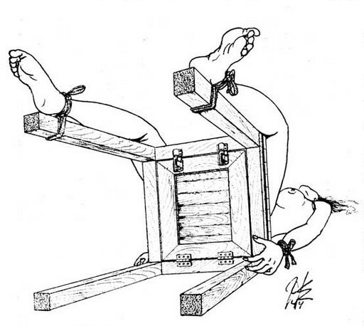 drop seat bondage chair with hinged trap door in the seat