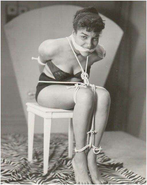 vintage rope bondage and cloth cleave gag for woman in lingerie