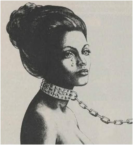 artwork of a chained woman crying while wearing a jeweled collar