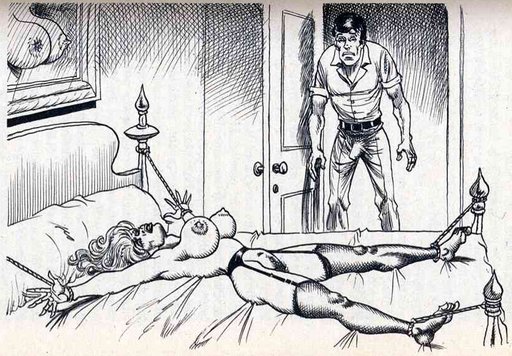 man with glum face contemplates woman spreadeagled on his bed with arms and legs tied to the bedposts with ropes