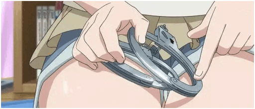 anime woman stroking her handcuffs