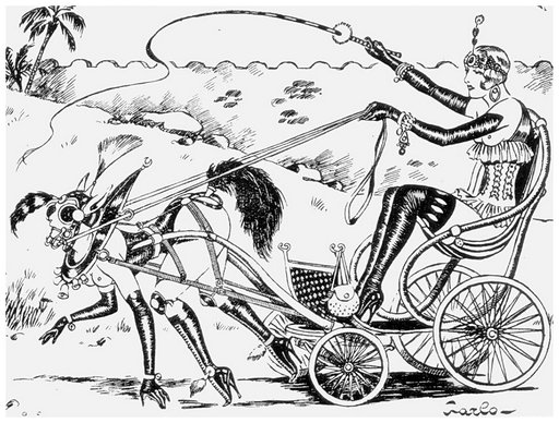 very fancy pony girl pulling her mistress in a pony cart at some fortified desert oasis