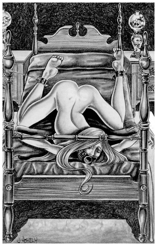 She's trussed to a four-poster bed with her mouth open for forced bondage blowjobs