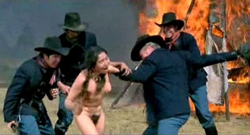 four soldiers stripping an Indian woman as her tipi burns behind her