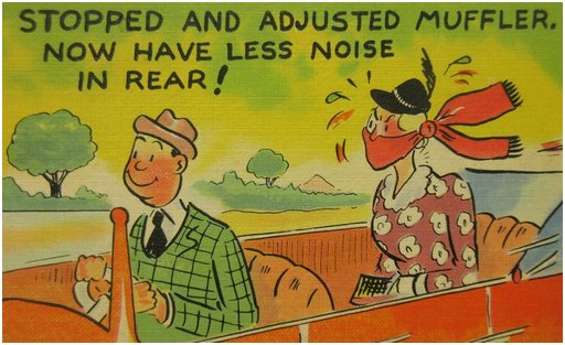 vintage comic postcard -- gagged wife in the back of a touring car
