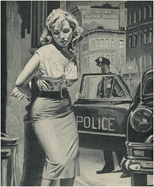 Cop getting out of his car to investigate why some dame is handcuffed to a light pole