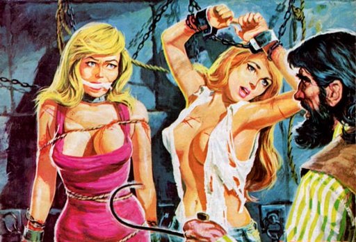 pretty girls in bondage and menaced by a man with a hook