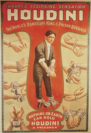 harry houdini poster featuring many sets of handcuffed wrists