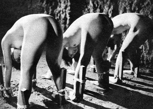 three japanese women tied bent over to stakes in the ground for sexing from behind