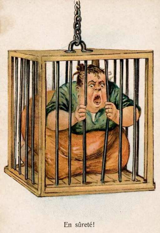 big hungry woman in a creaky wooden hanging cage
