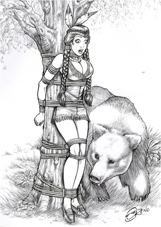 pretty indian girl tied to a tree and stalked by a brown bear