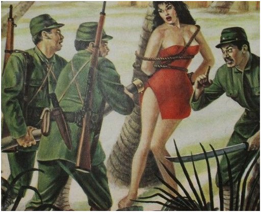 bound woman in slinky red dress menaced by goonish Japanese troops carrying a huge water hose and a sword