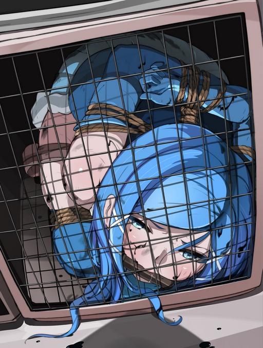 anime girl tied up and stuffed in a dog kennel for a punishment weekend