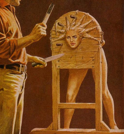 woman in a pillory with her braids being used as targets for a sadistic knife thrower