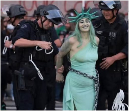 Lady Liberty protester being arrested and handcuffed