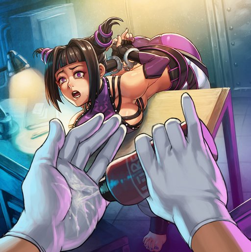juri is handcuffed and watches in horror as her gloved captor pours lube into the palm of her hand