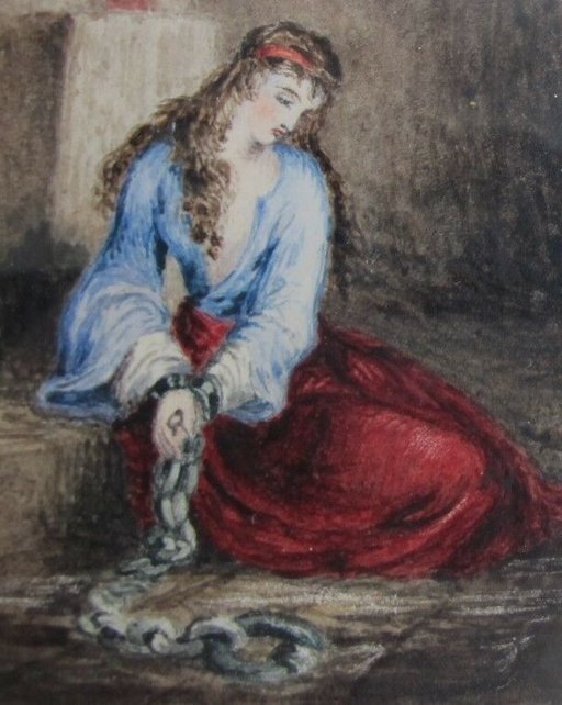 fine art painting of a sad woman languishing in chains
