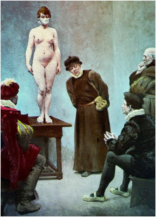 gagged naked woman standing unbound on a high table while officials inspect and discuss her body